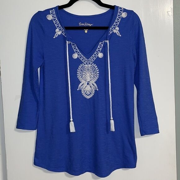 Lilly Pulitzer blue notch neck top with soutache embroidery and tassel ties XS - Picture 2 of 12